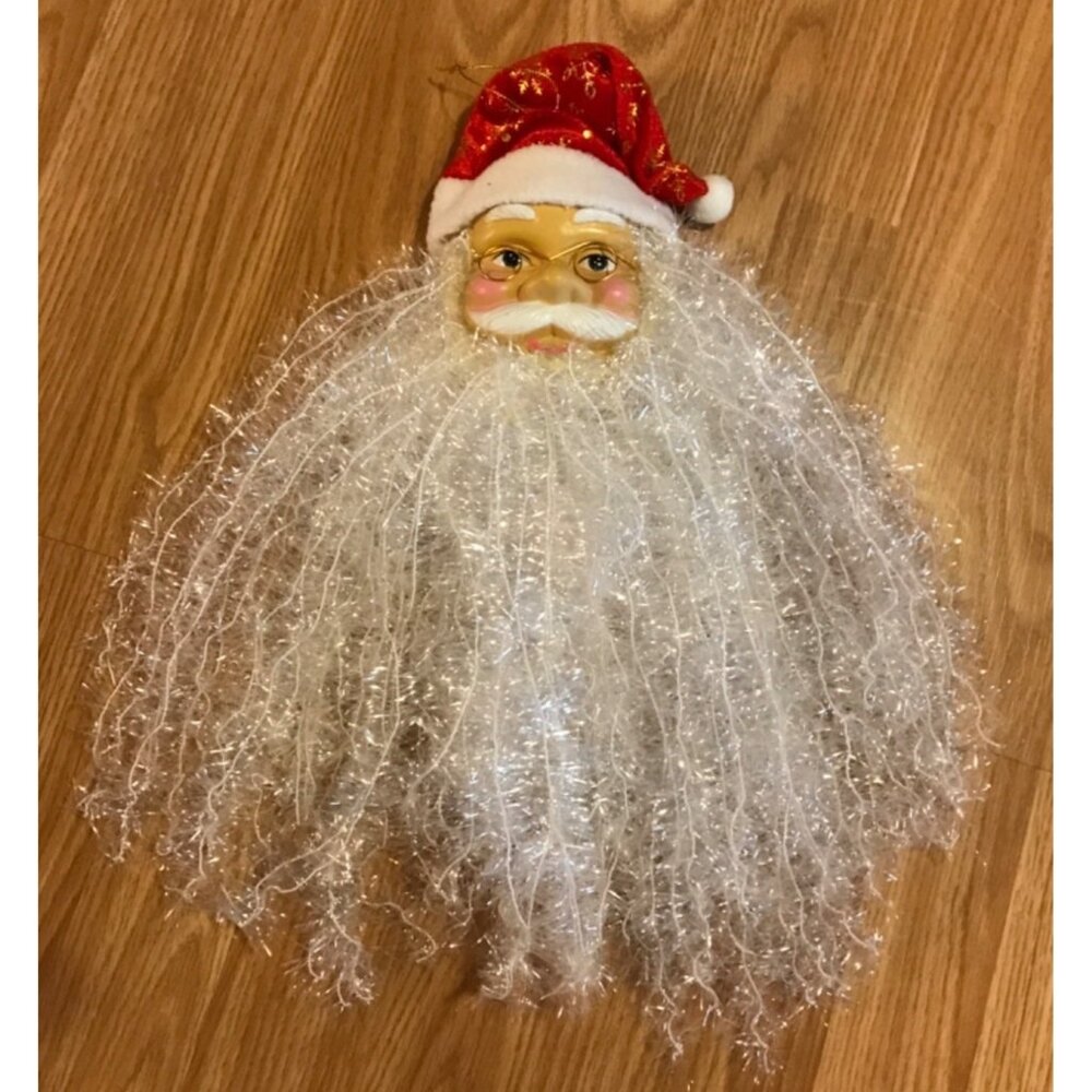 Santa Claus Face Wall Hanging Decoration Curly Sparkly White Beard Red Hat 16"